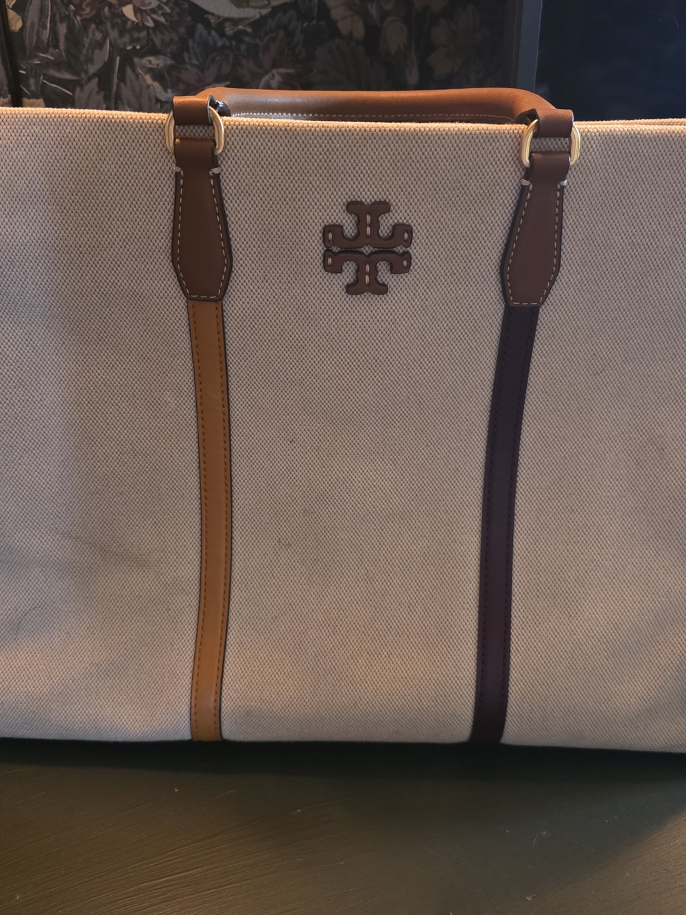 Tory Burch Canvas Tote Bag in Cream with Brown and Tan Straps